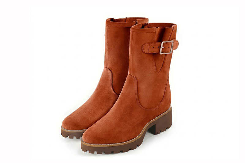 Women's terracotta side-buckle ankle boots with round toe and chunky rubber lug sole - Front view